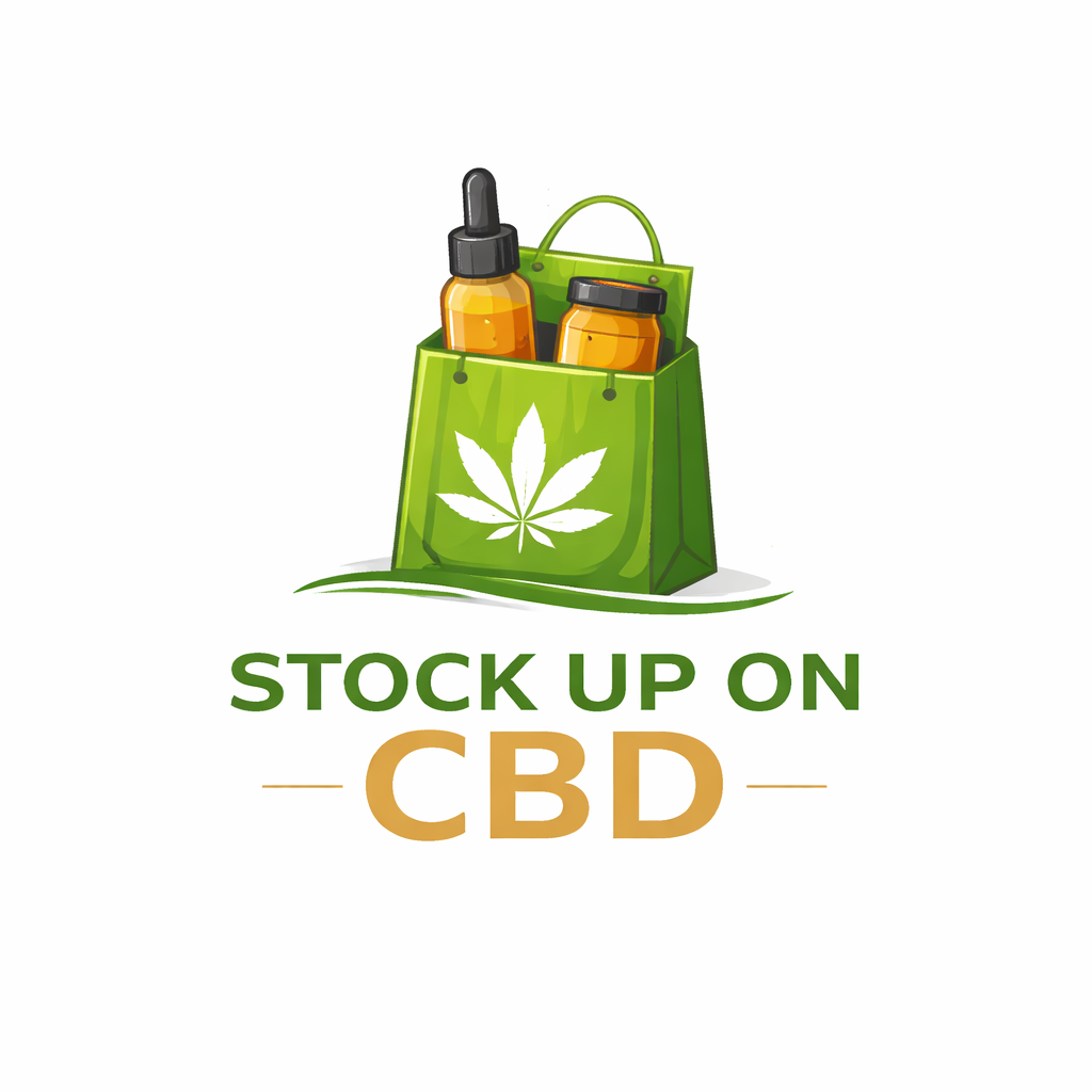 Stock Up On CBD logo with green shopping bag containing CBD oil dropper bottle and jar, featuring cannabis leaf design